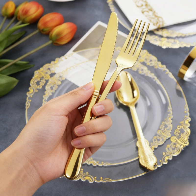 ชุดภาชนะพลาสติกสีทองสุดหรูสำหรับงานเลี้ยง 125 ชิ้น