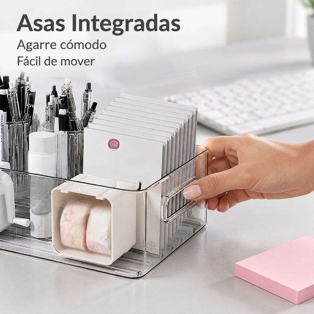 Vista lateral de la caja de almacenamiento de escritorio acrílica mostrando su transparencia y elegancia