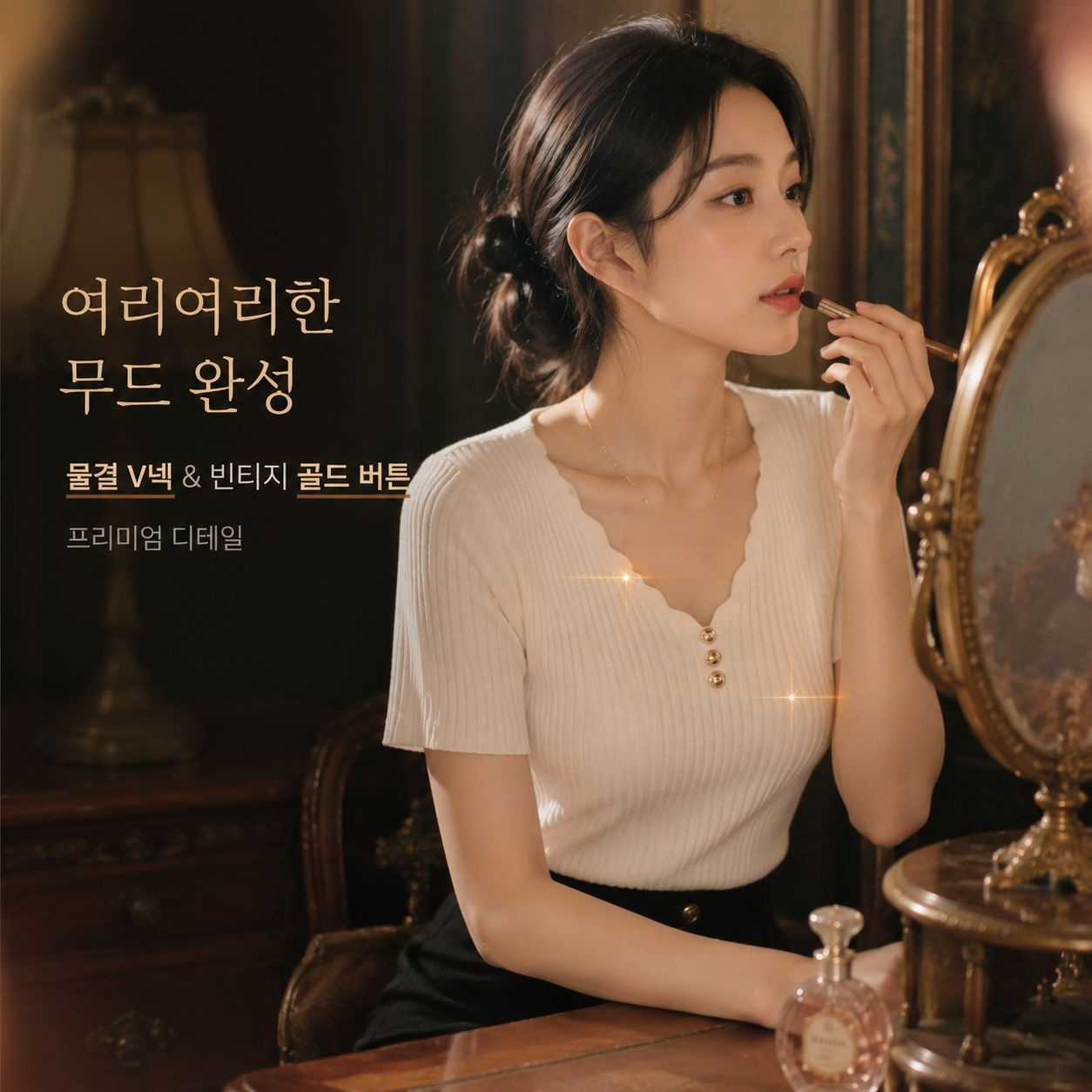 여성용 시원한 아이스 원사 브이넥 버튼 슬림핏 크롭티 (한국 스타일)