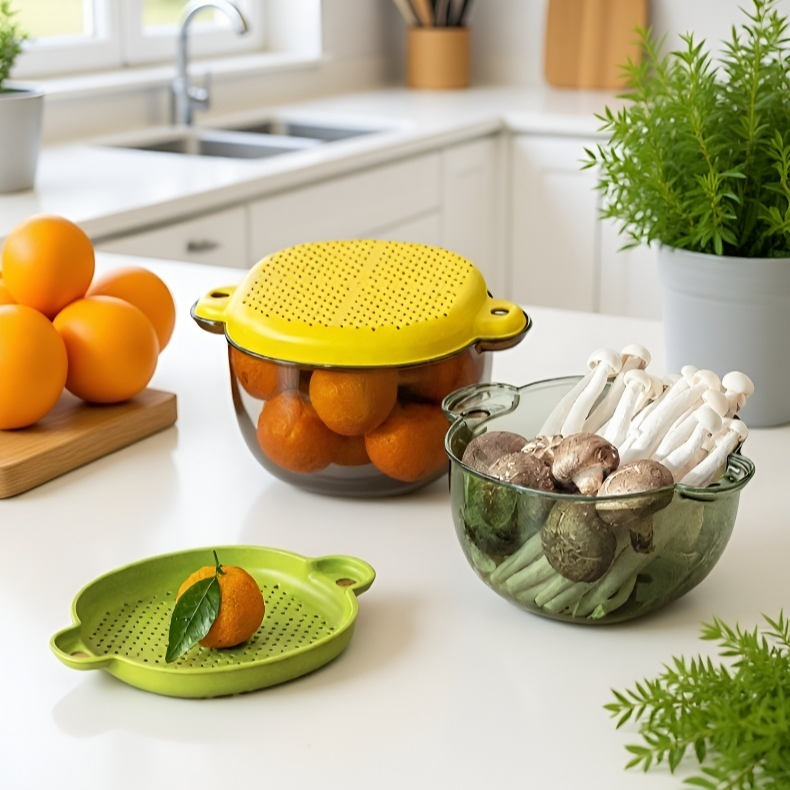 Space-saving drain basket for food storage