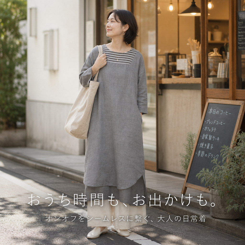 日本風長袖ゆったりリネンストライプ切り替えミディアムワンピース