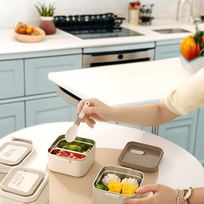 스테인리스 스틸 도시락 상자 휴대용 식품 보관 용기 칸막이 도시락 상자 전자레인지용 학생 도시락 상자 단열 식기류