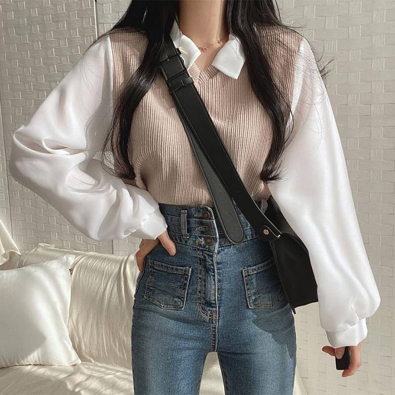 フェイクレイヤードPOLOカラーゆったり長袖スウェット レディース