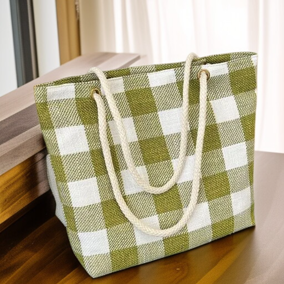 Big Plaid Canvas Tote Bag, Spacious Shoulder Handbag