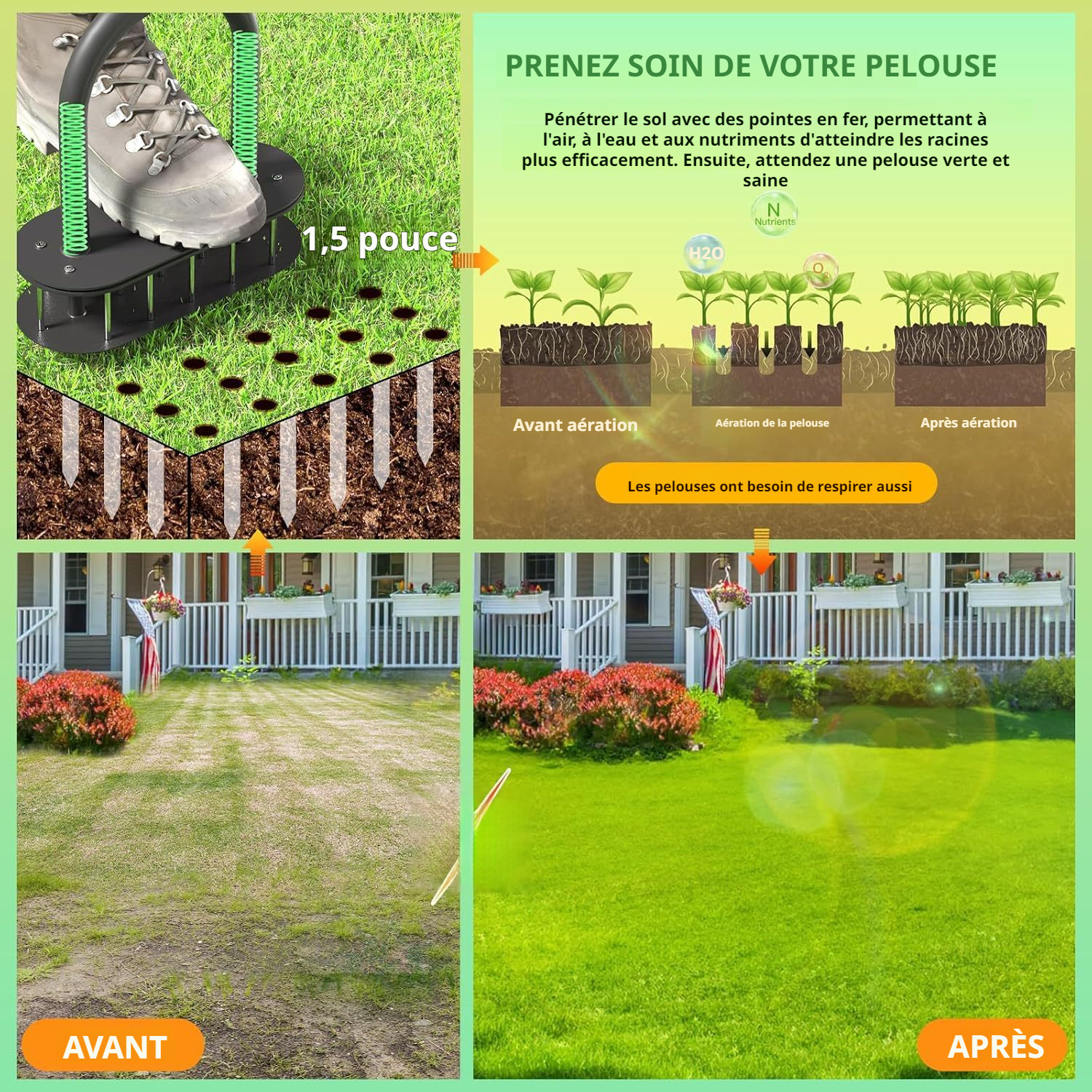 Ameublisseur de pelouse et jardin renforcé, en acier au carbone, adapté aux pelouses et jardins