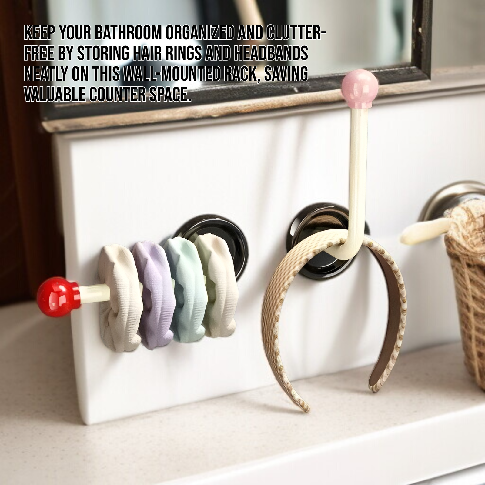 Bathroom wall mounted hair ring and headband storage rack