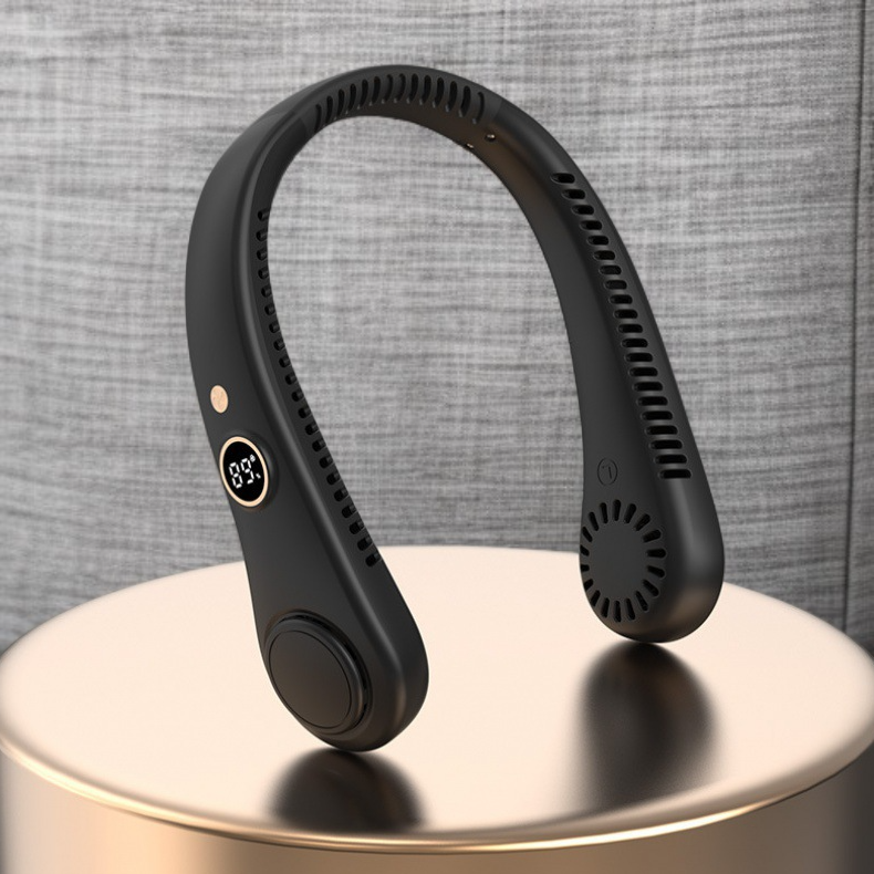 ミニ携帯型ブレードレス首掛け扇風機 USB充電 デジタル表示付き 折りたたみ式