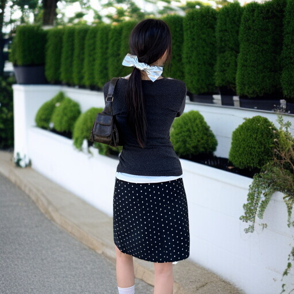 여성 하이웨스트 A라인 스커트 스커트 트임 도트 스커트