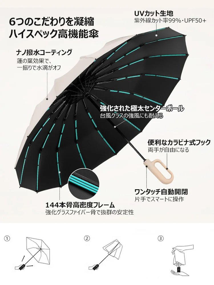 カラビナフック折りたたみ傘 自動開閉 晴雨兼用傘