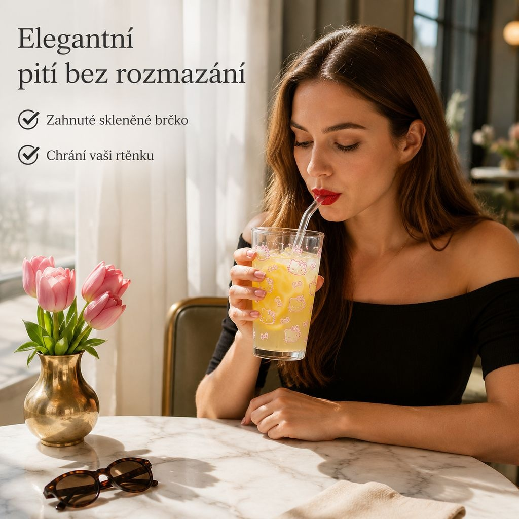 Skleněný pohár s brčkem KT kočka, velkokapacitní domácí hrnek na pití