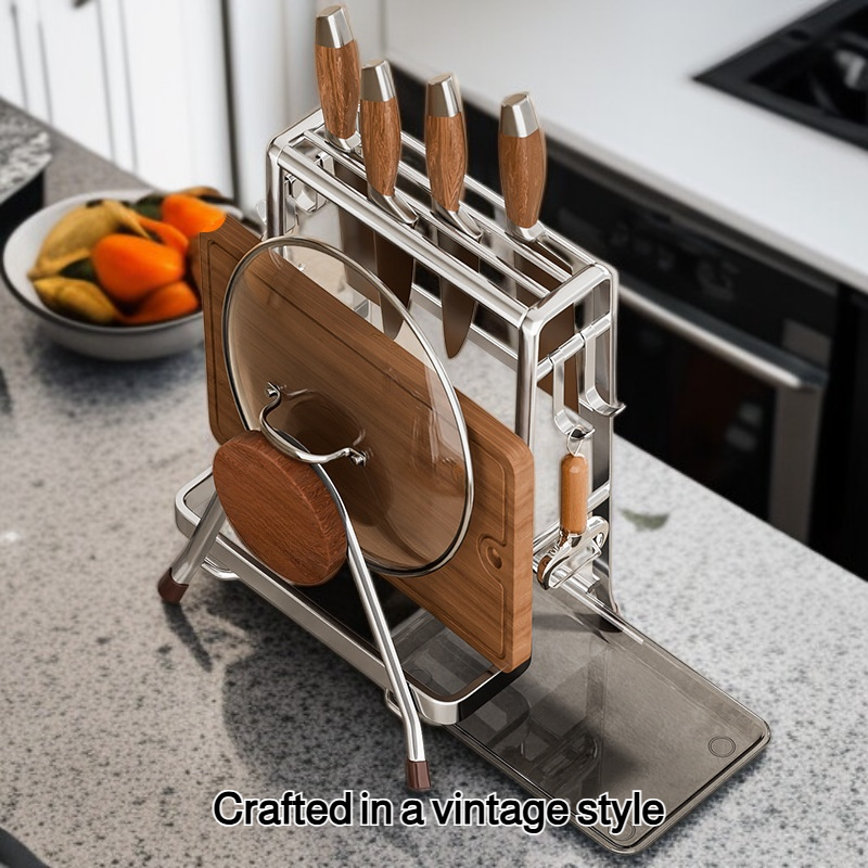 Vintage style stainless steel cutting board and knife holder
