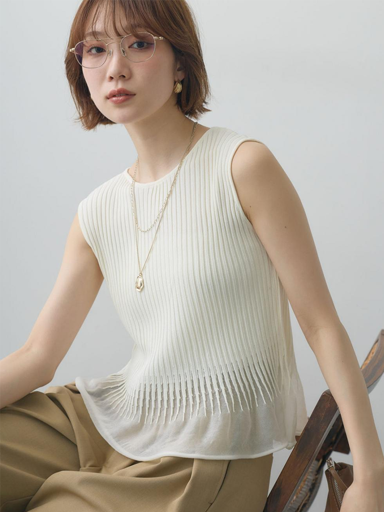 NEW！裾シアー切り替え リブニットノースリーブトップス