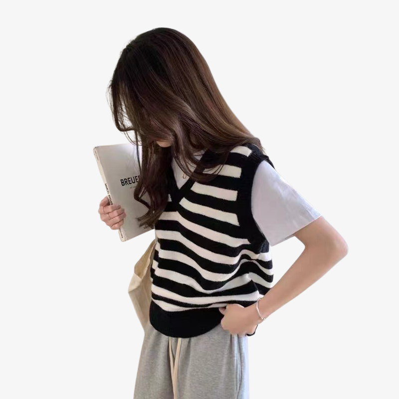 흑백 스트라이프 니트 루즈핏 베스트녀 봄가을 쇼트 나시 톱 레이어드녀