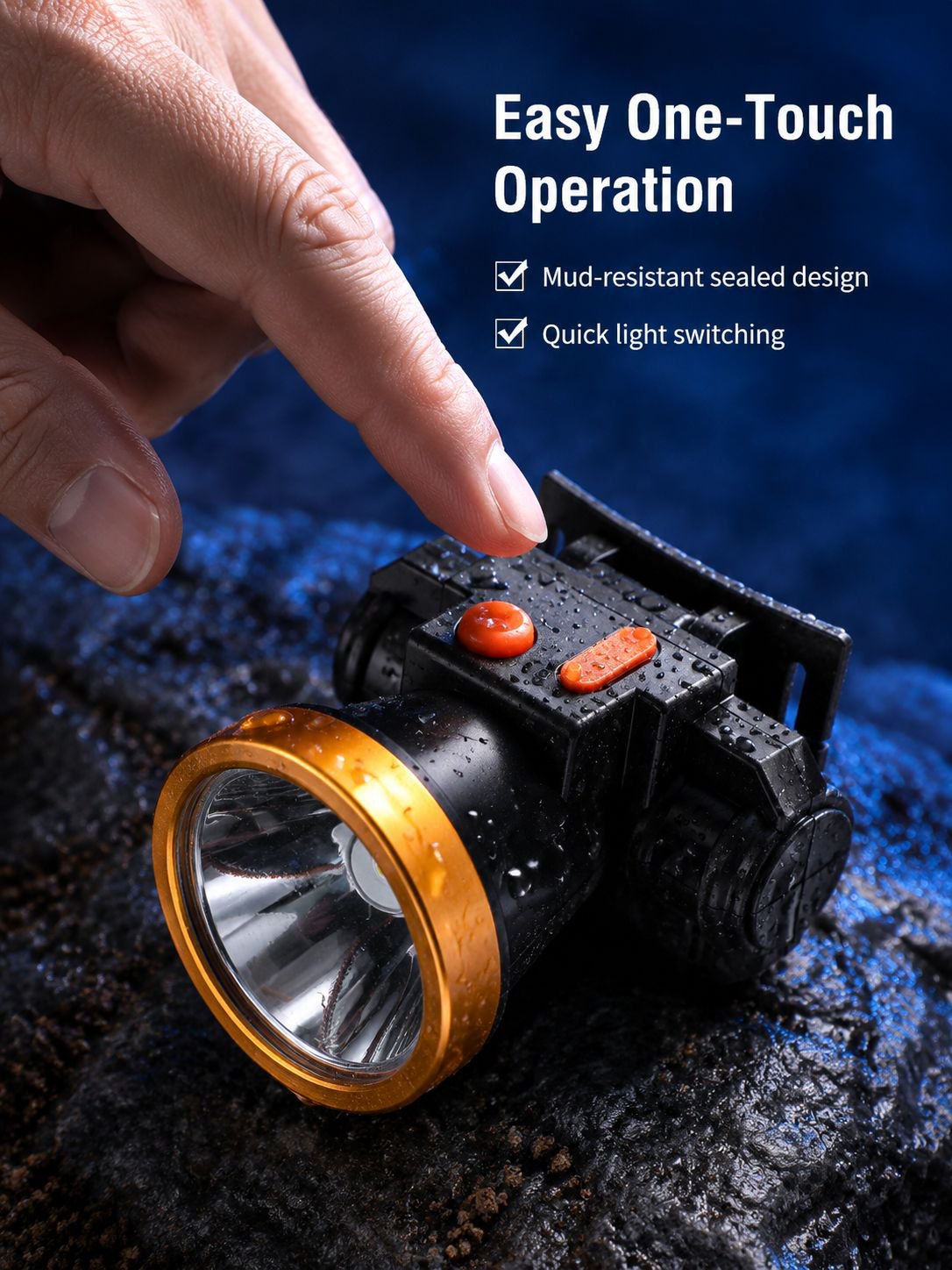 Outdoor LED headlamp illuminating a riverbank at night