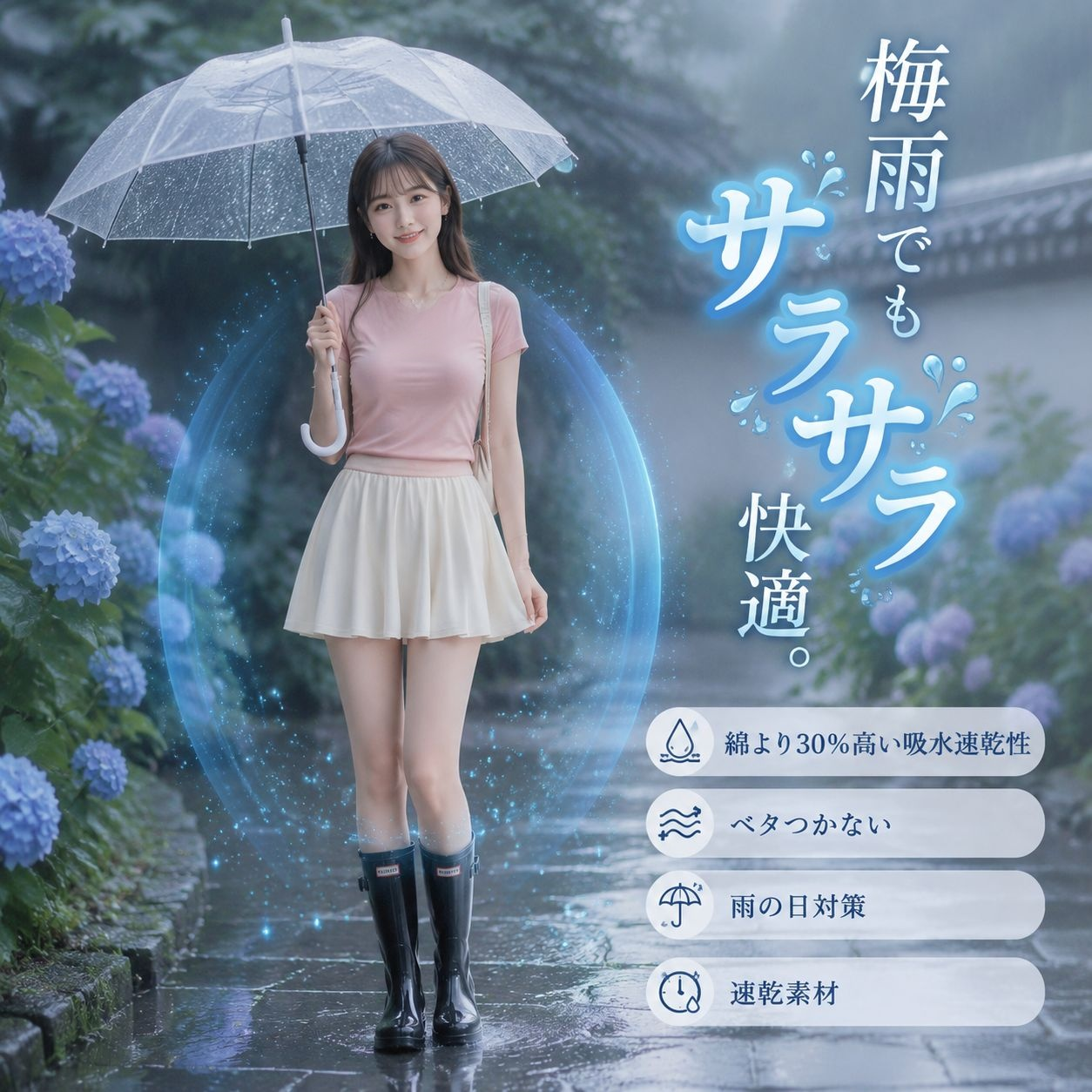 女性用ハイウエスト アイス感Aラインプリーツスカート ピンク 薄手タイプ
