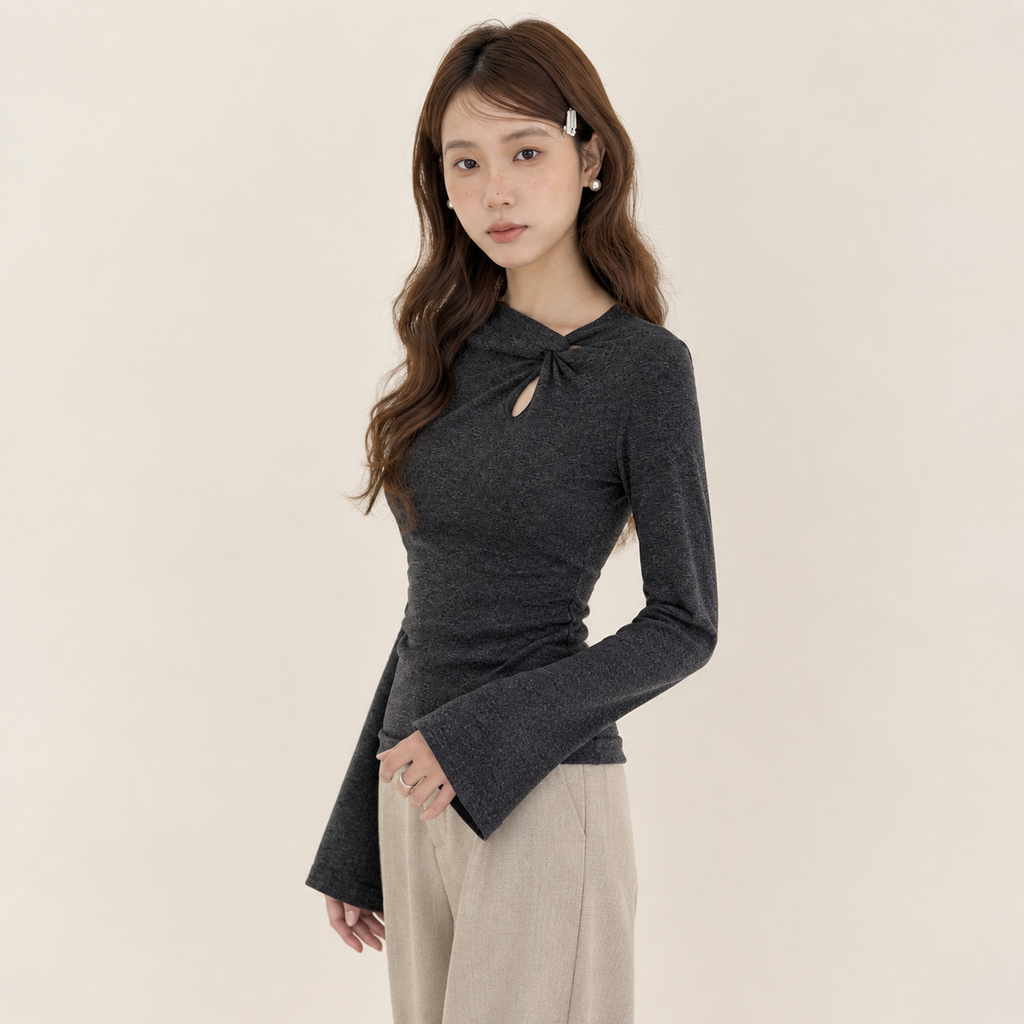 Camiseta ajustada con abertura y nudo para mujer, ideal para primavera y otoño