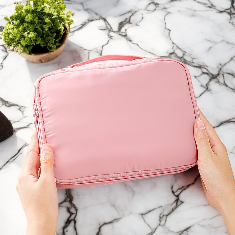 Wash bag packed with toiletries for travel