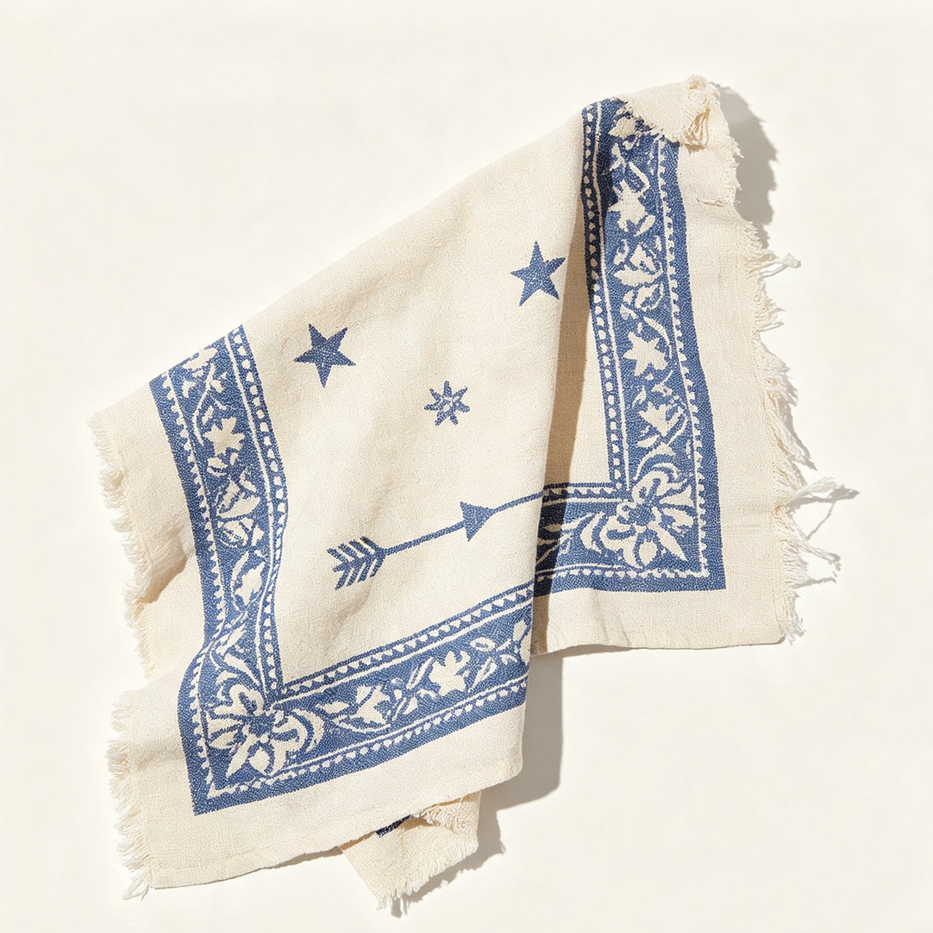 Blue Printed Tassel Tea Towel