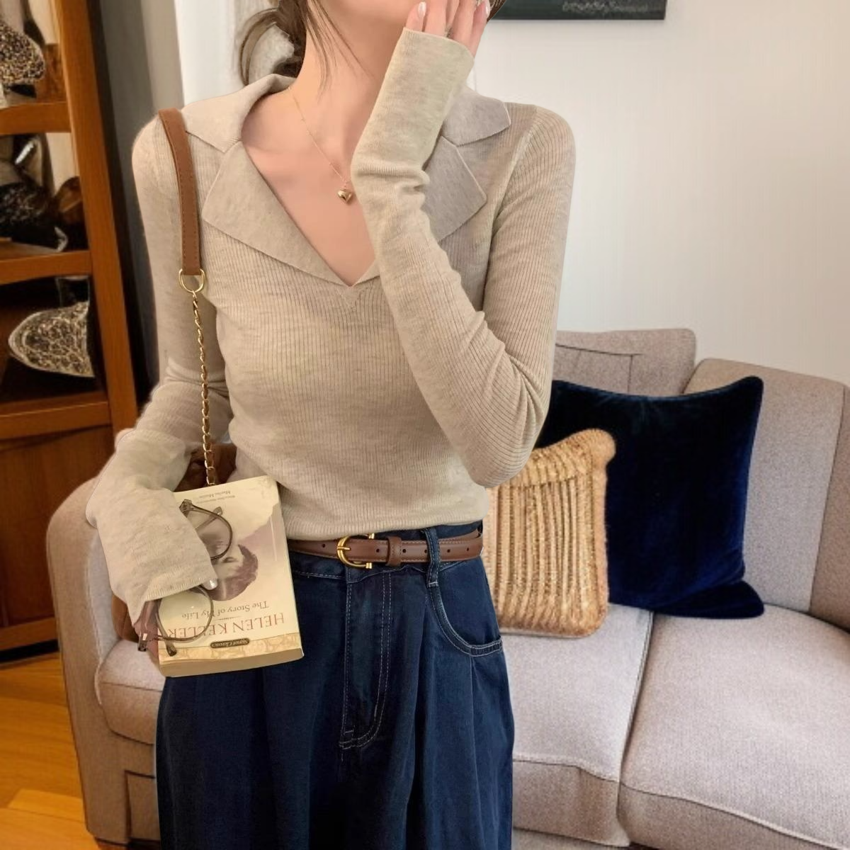 여자 추동 이너 쇄골 시크 긴팔 니트 브이넥 이너 톱