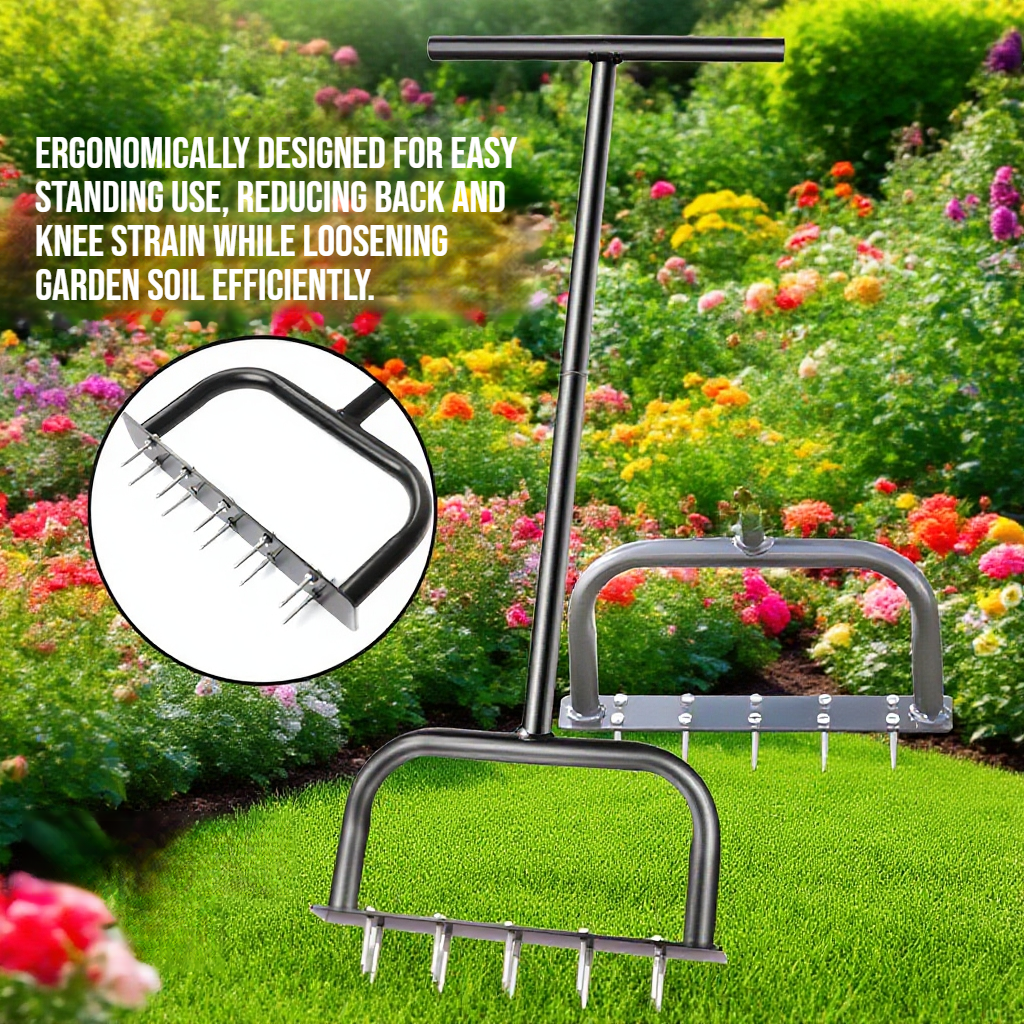 Standing garden soil loosening device