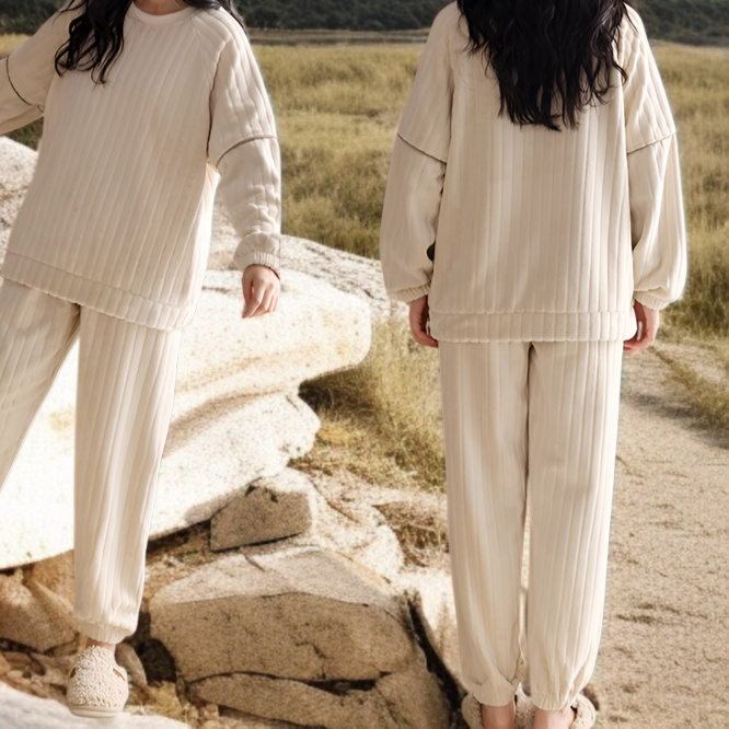 R-パジャマ レディース 冬用 コーラルフリース ラウンドネック プルオーバー プラス ベルベット 厚手 防寒 暖かい フランネル ホームウェア スーツ 秋冬