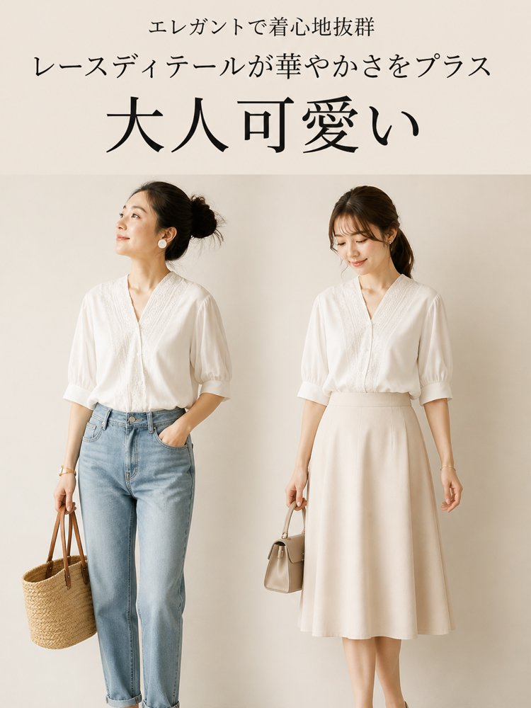 MonollyレースVネックブラウス 通勤・オフィス対応 夏用レディーストップス