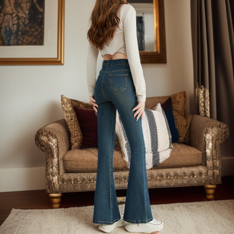 小さめハイウエストワイドジーンズ女性春春スリム細めマイクロフレアワイドパンツ