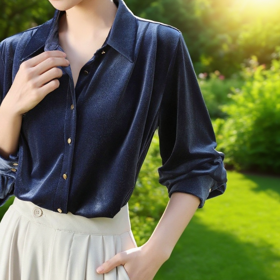 여성 프렌치 벨벳 네이비 긴팔 셔츠