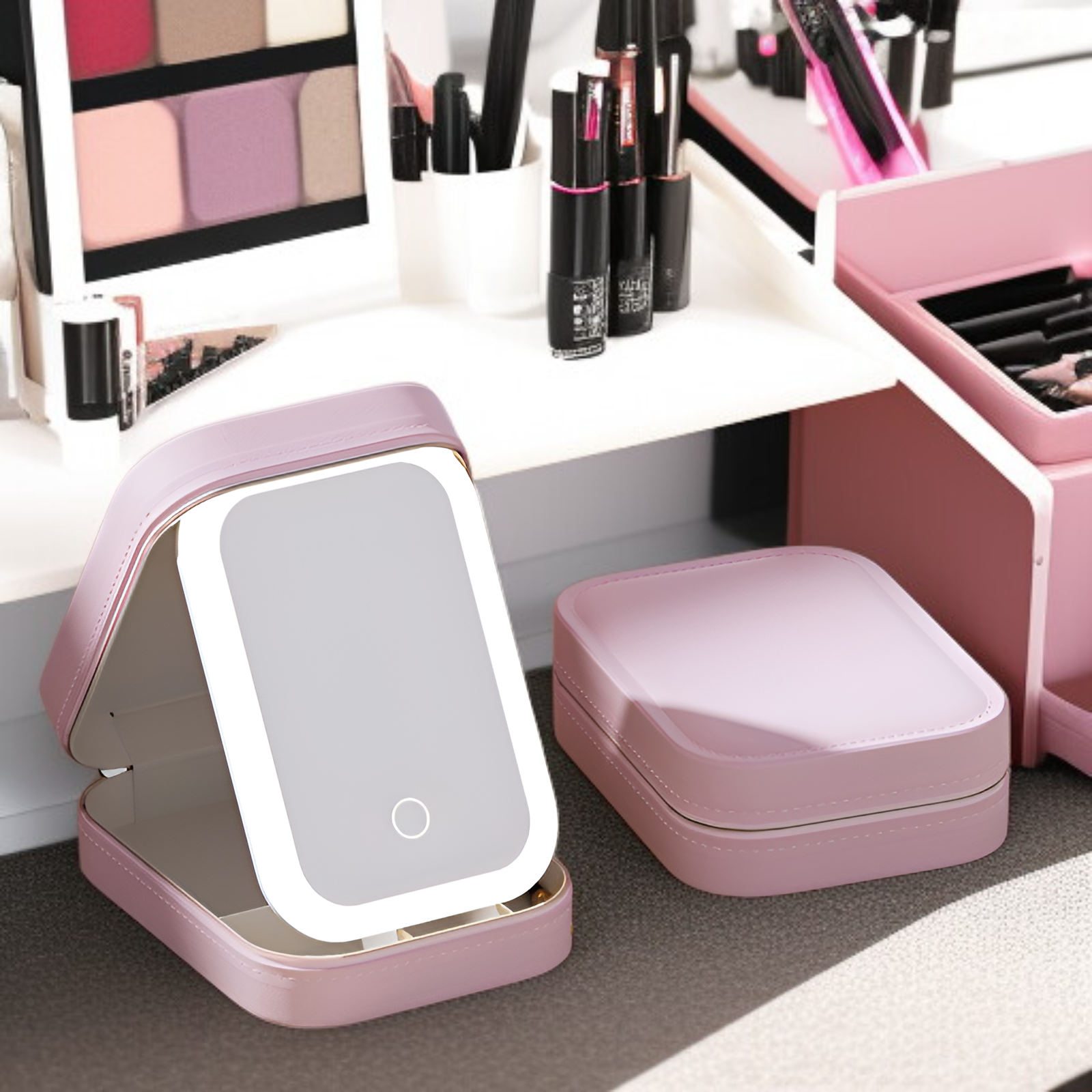 LEDミラー付き高級メイクボックス正面画像