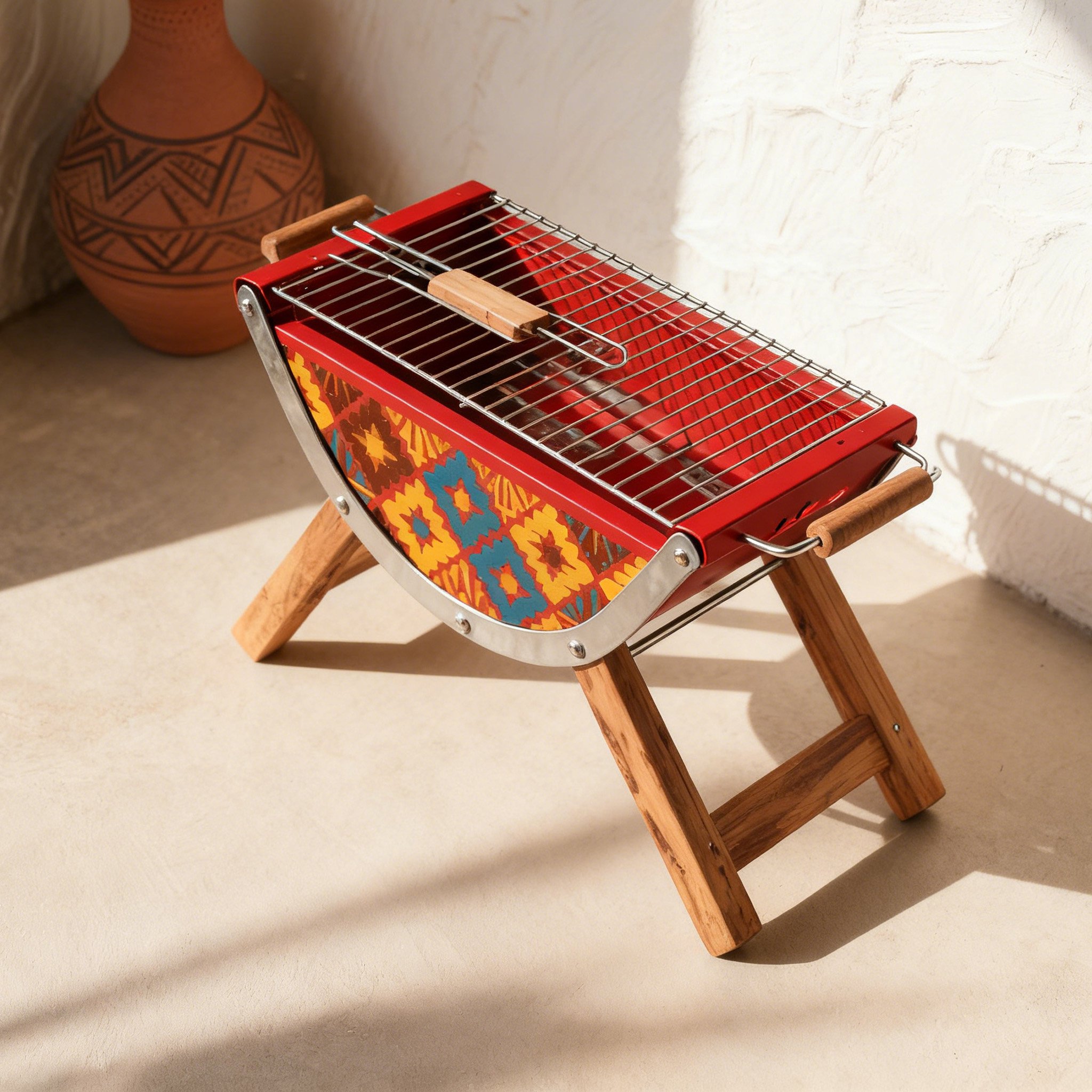 소형 바베큐 그릴로 고기 굽는 모습