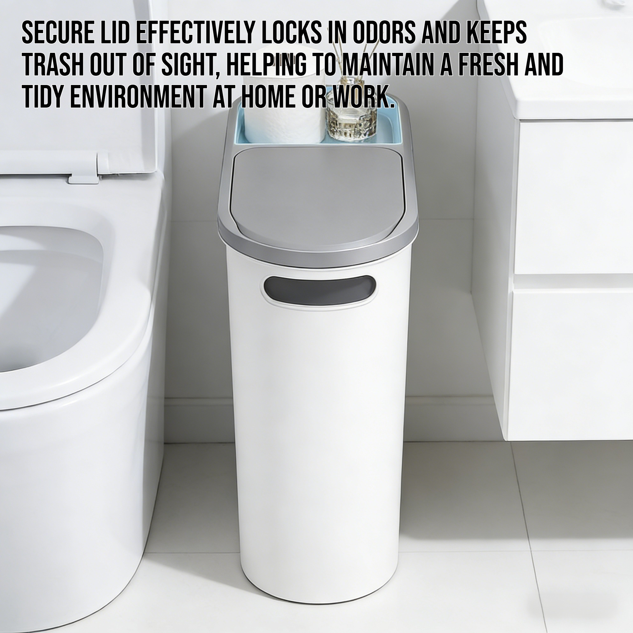 Narrow push-button snap-on lid trash can in modern kitchen