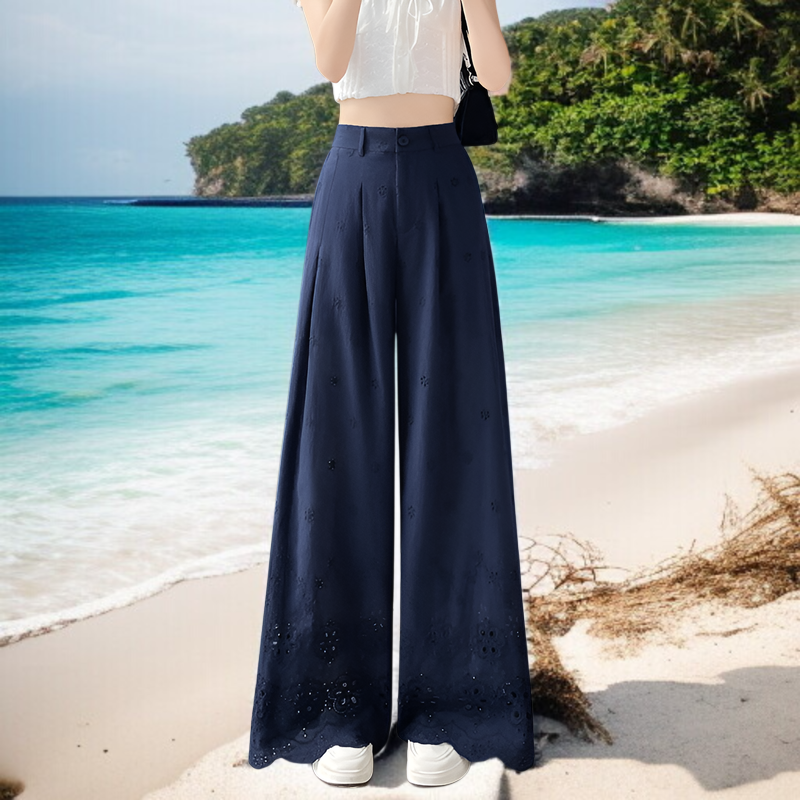 夏用中空ワイドレッグパンツ、フックフラワーワイドレッグパンツ、レディース2025新作、ハイウエストパンツ、スリムドレープレースパンツ、カジュアルストレートパンツ