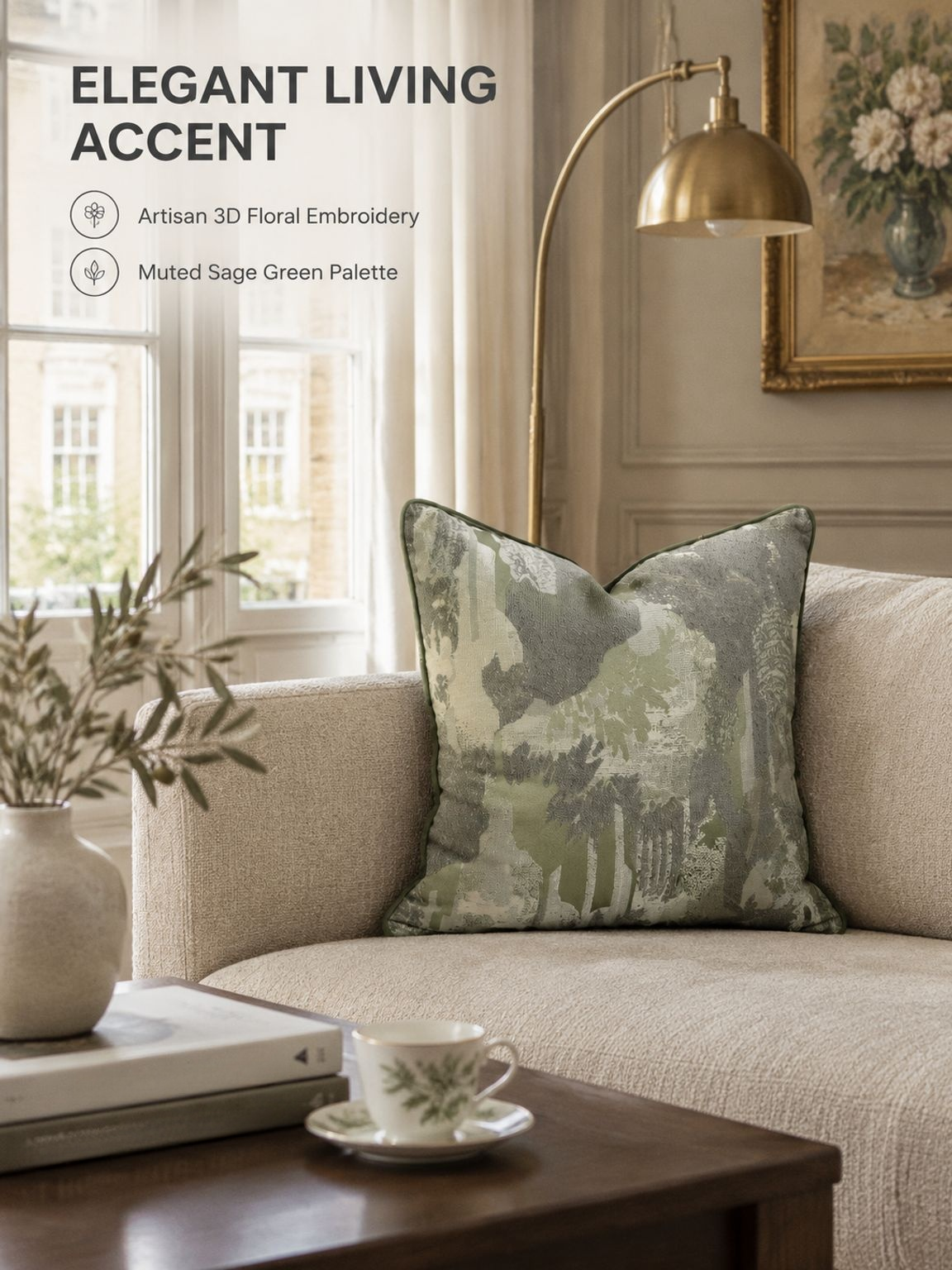 Green French vintage Wabi-Sabi throw pillow front view