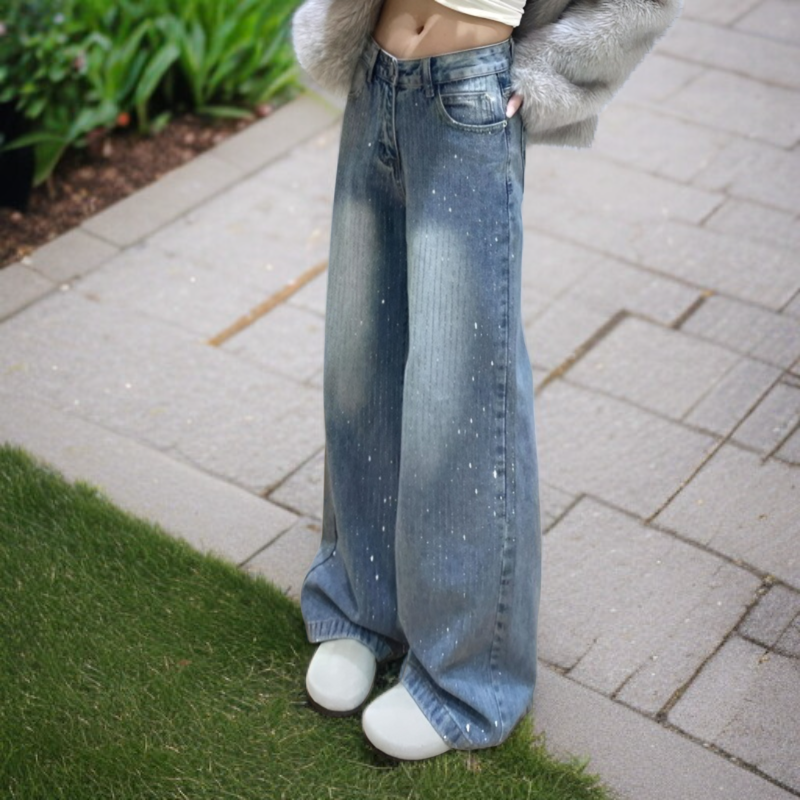 ミニマルでおしゃれなレディースハイウエストワイドジーンズ スリム見えフロア丈