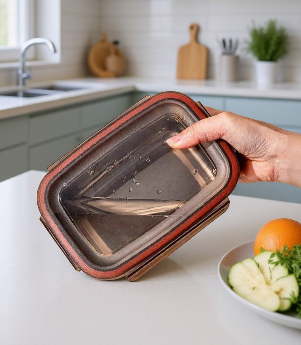 손잡이가 달린 스테인리스 스틸 수납함 디테일