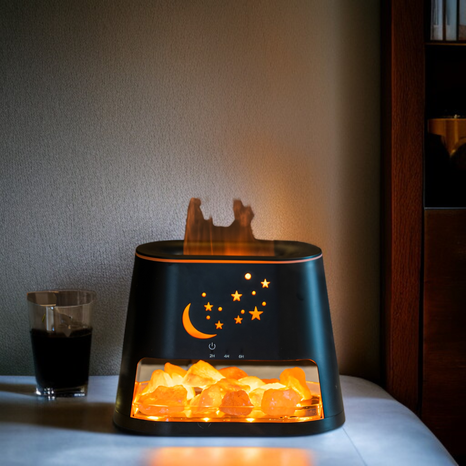 2025年新登場 天然ヒマラヤ岩塩炎アロマセラピーディフューザー 焚き火加湿器 超音波マイナスイオン リモコン付き 3段階調光 乾燥やけど防止 卓上USB大容量ミスト カラフルLEDライト付き エッセ