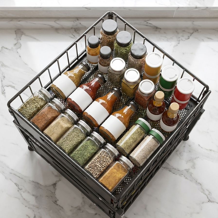 캐비닛 내부에 이중으로 당겨서 꺼낼 수 있는 수납 선반