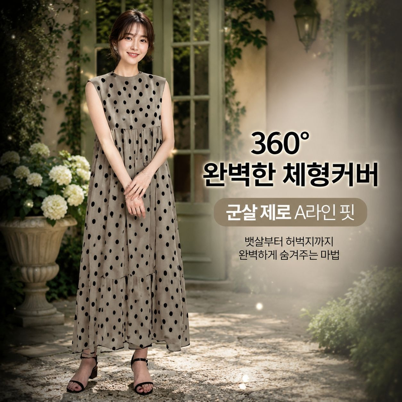 패셔너블 도트 패치워크 민소매 롱드레스