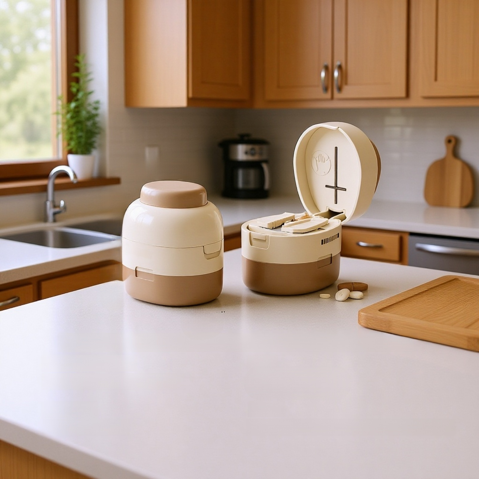 여행 가방에 들어있는 다기능 약 절단기