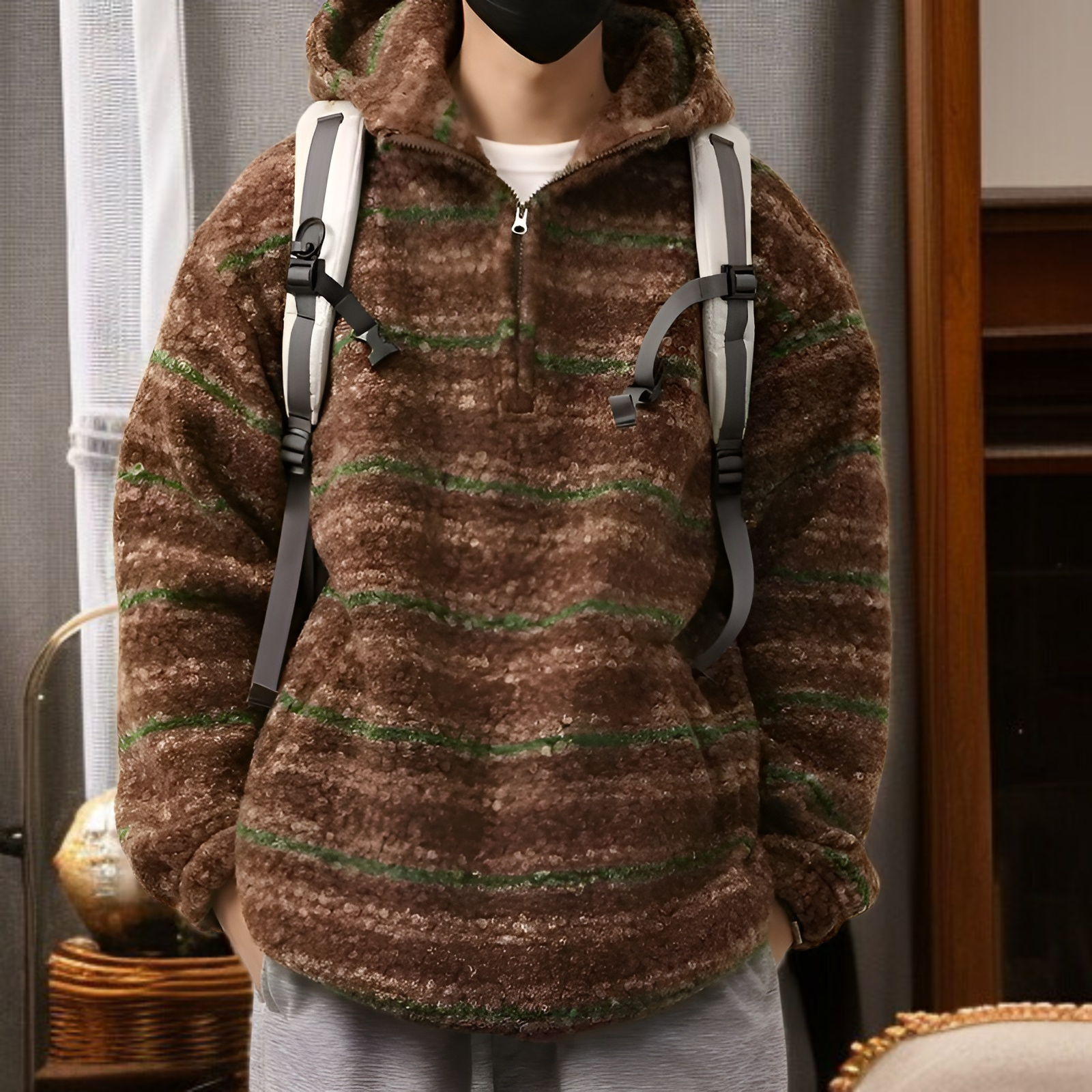 2026年春夏新作 メンズ トレンドのストライプ柄ルーズウールコートとレトロルーズニット