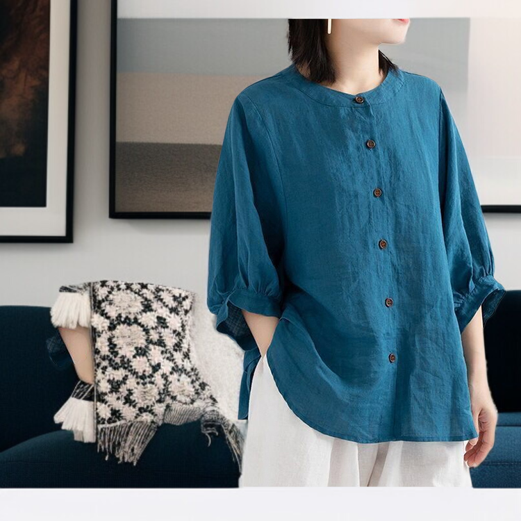 여성 빈티지 문예 벌룬 소매 셔츠 빅사이즈 루즈핏 반팔 셔츠 상의 여성 루즈핏 셔츠