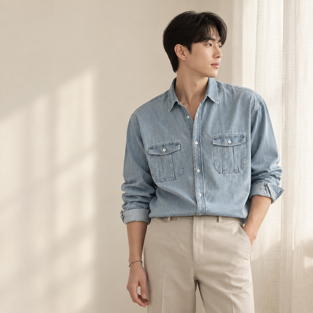 봄가을 시즌 루즈핏 남성 워싱 빈티지 데님 셔츠