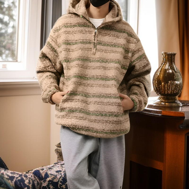  メンズ トレンドのストライプ柄ルーズウールコートとレトロルーズニット