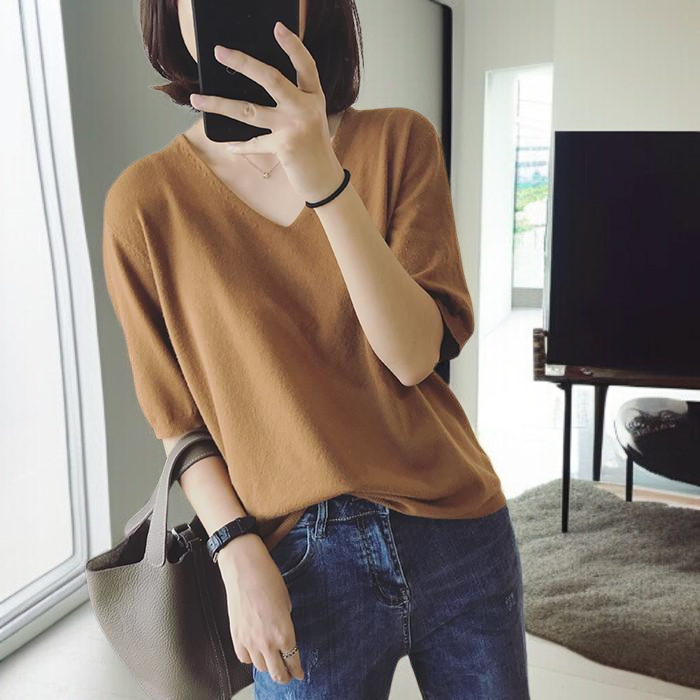 여성 이너 니트 반팔티 캐주얼 반팔 티 상의 순색 브이넥 반팔티