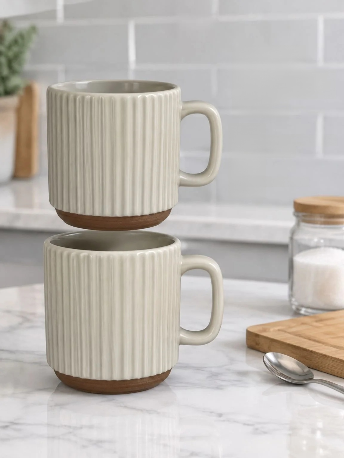Chic beige-colored stacking mug in vertical stripe style