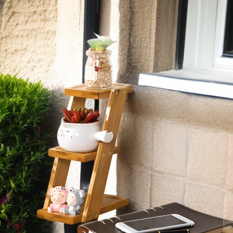 デスクトップフラワースタンド 小さな植木鉢用植物スタンド 竹製 小さな鉢植え植物に最適
