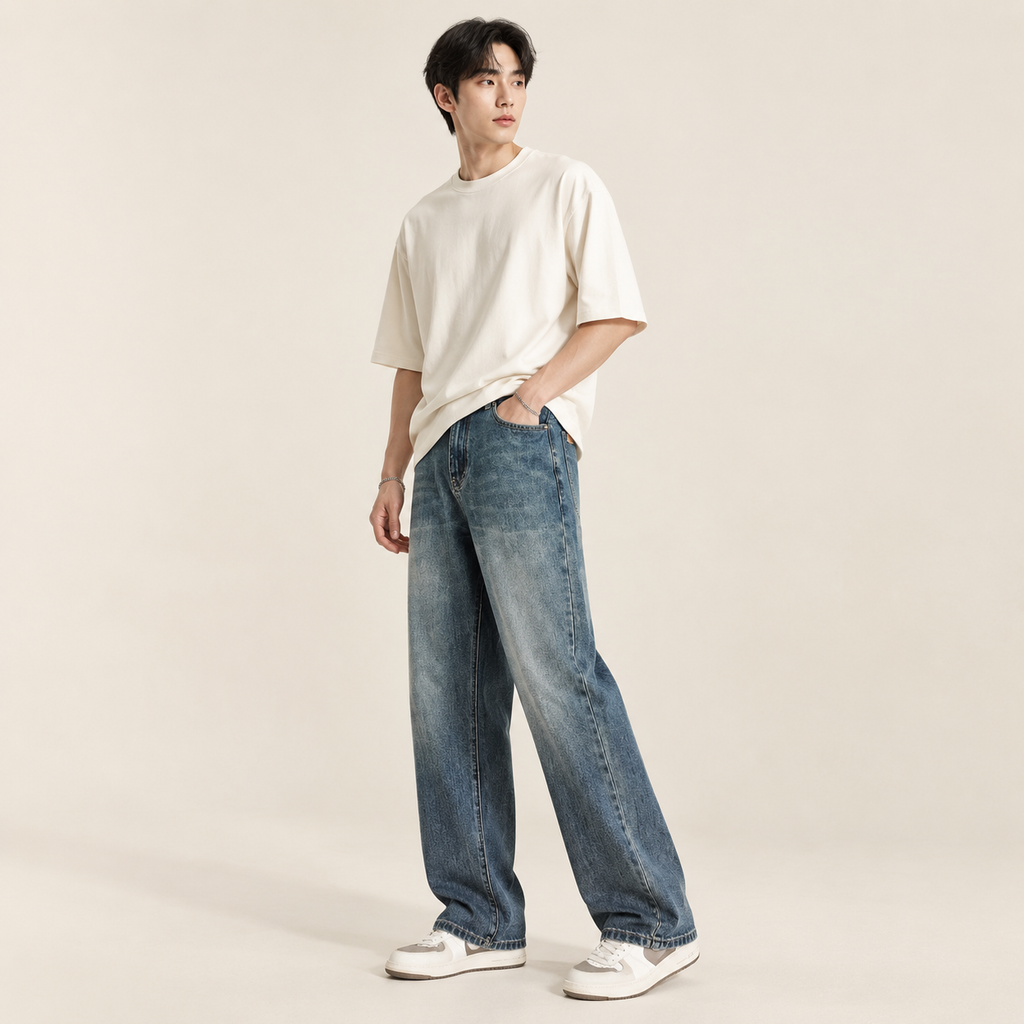 복고풍 스트레이트 진 남성 봄가을