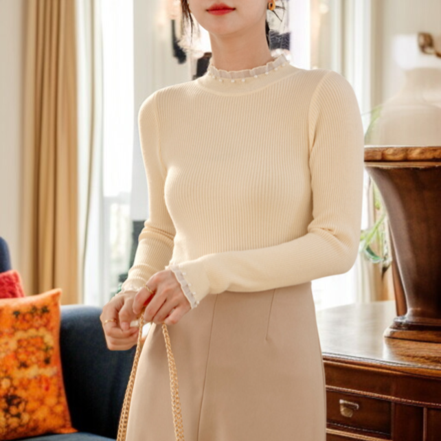 여성 블랙 루즈핏 니트 이너 반폴라 니트 레이스 이너 루즈핏 니트 풀오버 니트