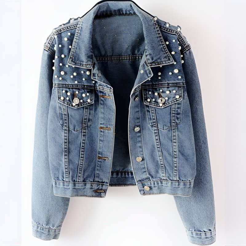 جاكيت جينز نسائي مزين بالخرز وأحجار الراين واللؤلؤ، بقصة فضفاضة