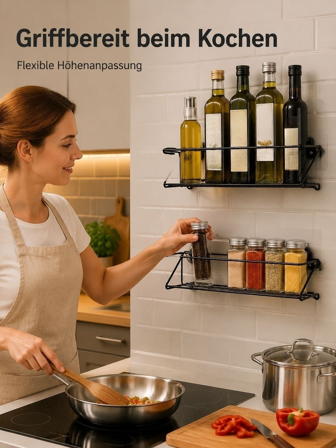 Ein mehrstufiges Küchengewürzregal, das ohne Bohren an der Wand befestigt werden kann.